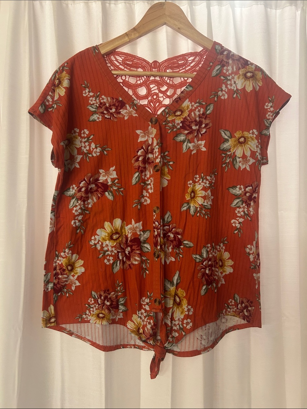 Floral Lace Neck Blouse in brick Red